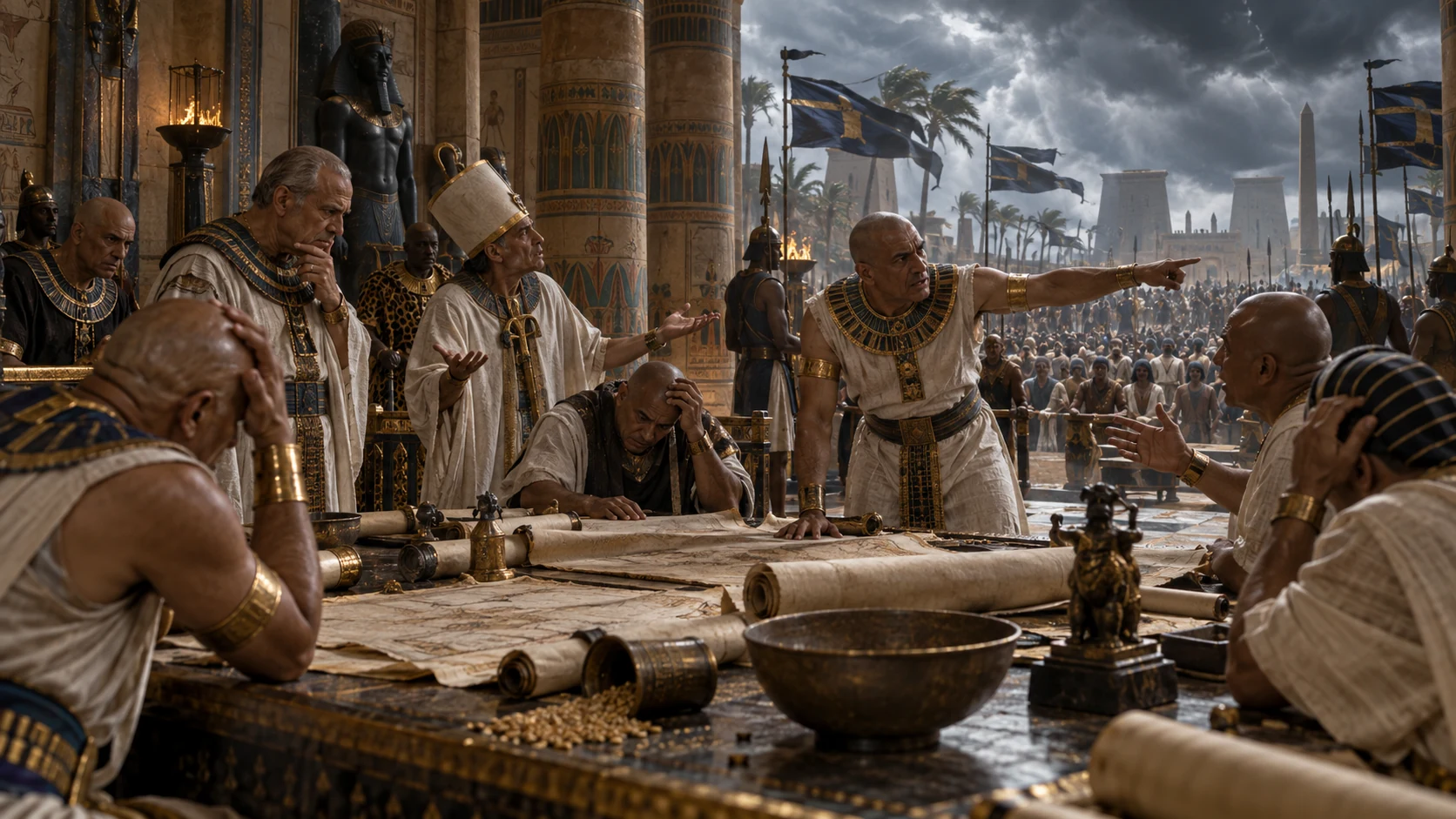 Egyptian princes and advisers contradict one another while the windswept public waits anxiously.