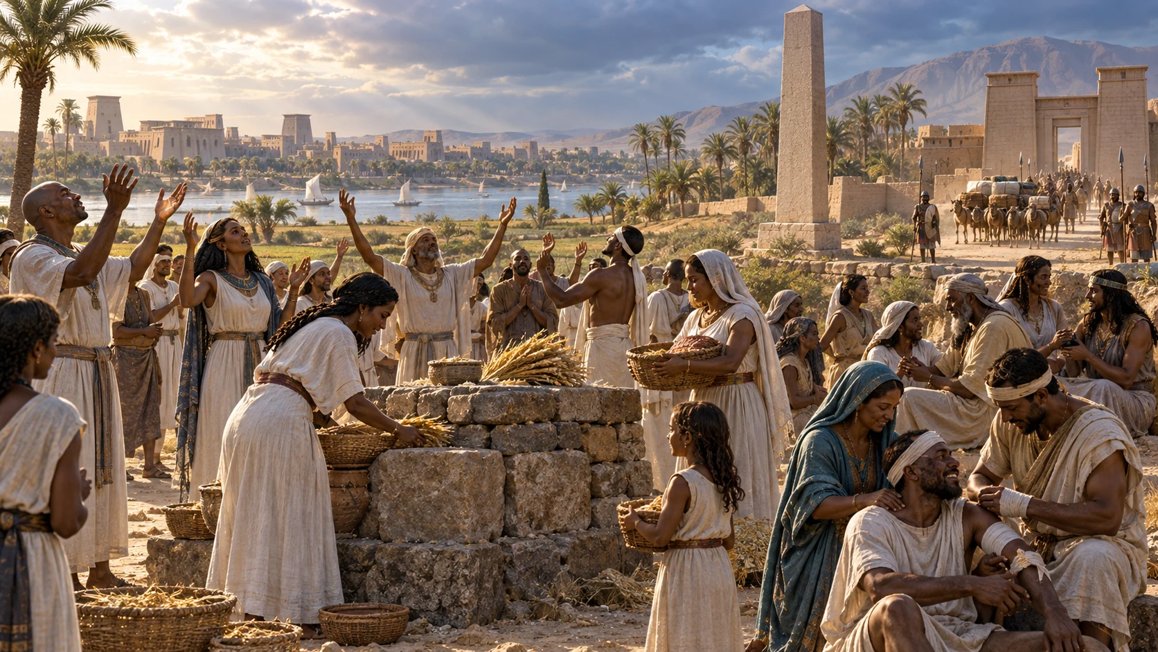 Egyptians worship at a simple altar, care for one another, and welcome relief beside a border pillar.