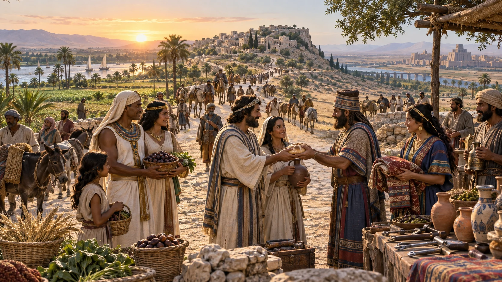 Egyptians, Assyrians, and Israelites meet peacefully along a safe international highway.