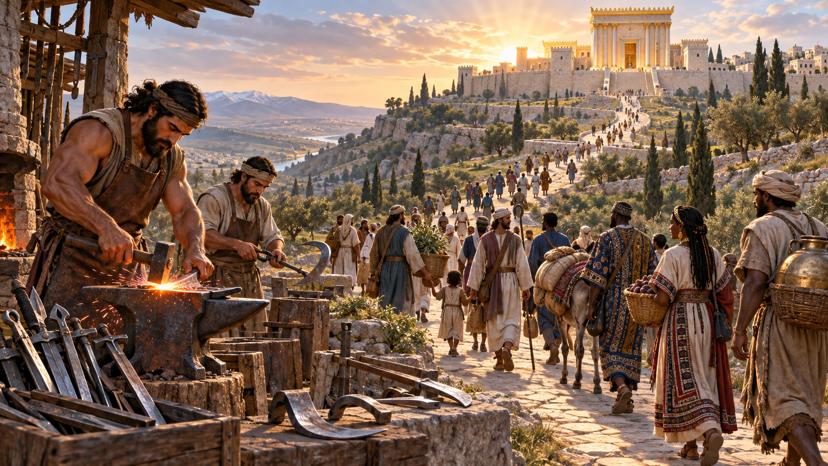 Nations ascend toward Jerusalem while smiths reshape weapons into farming tools.