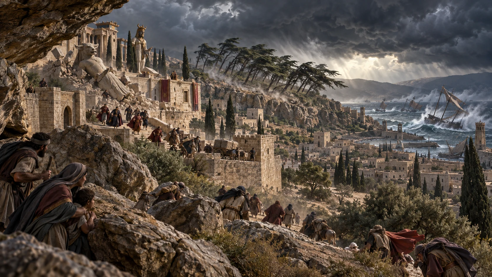 Proud estates, idols, cedars, and ships are humbled as people flee toward the rocks.