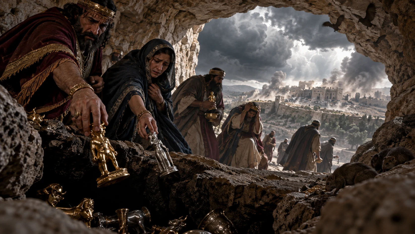 People discard silver and gold idols into a cave crevice as the land trembles outside.