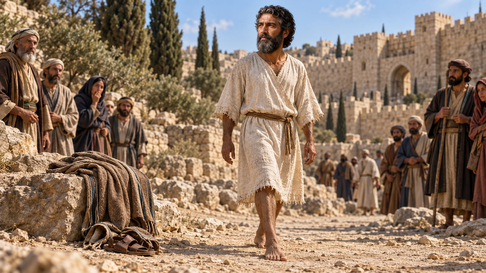 Barefoot Isaiah walks outside Jerusalem in a modest linen undergarment beside his removed mantle and sandals.