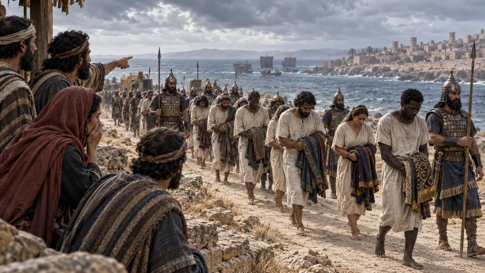Modestly clothed Egyptian and Kushite adult captives pass worried observers under Assyrian escort.