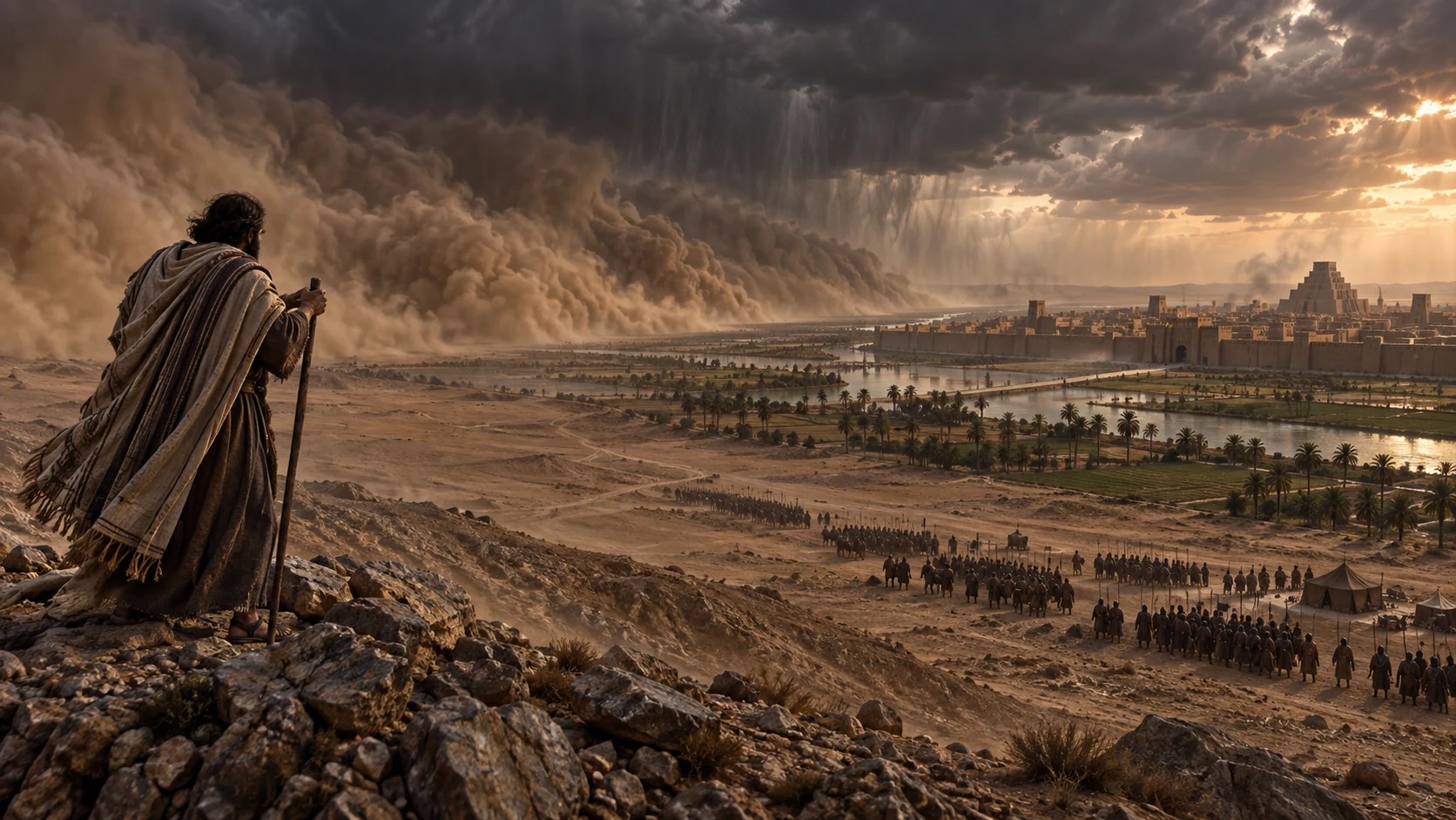 A desert storm and Elamite-Median siege force advance toward Babylon’s canal country.