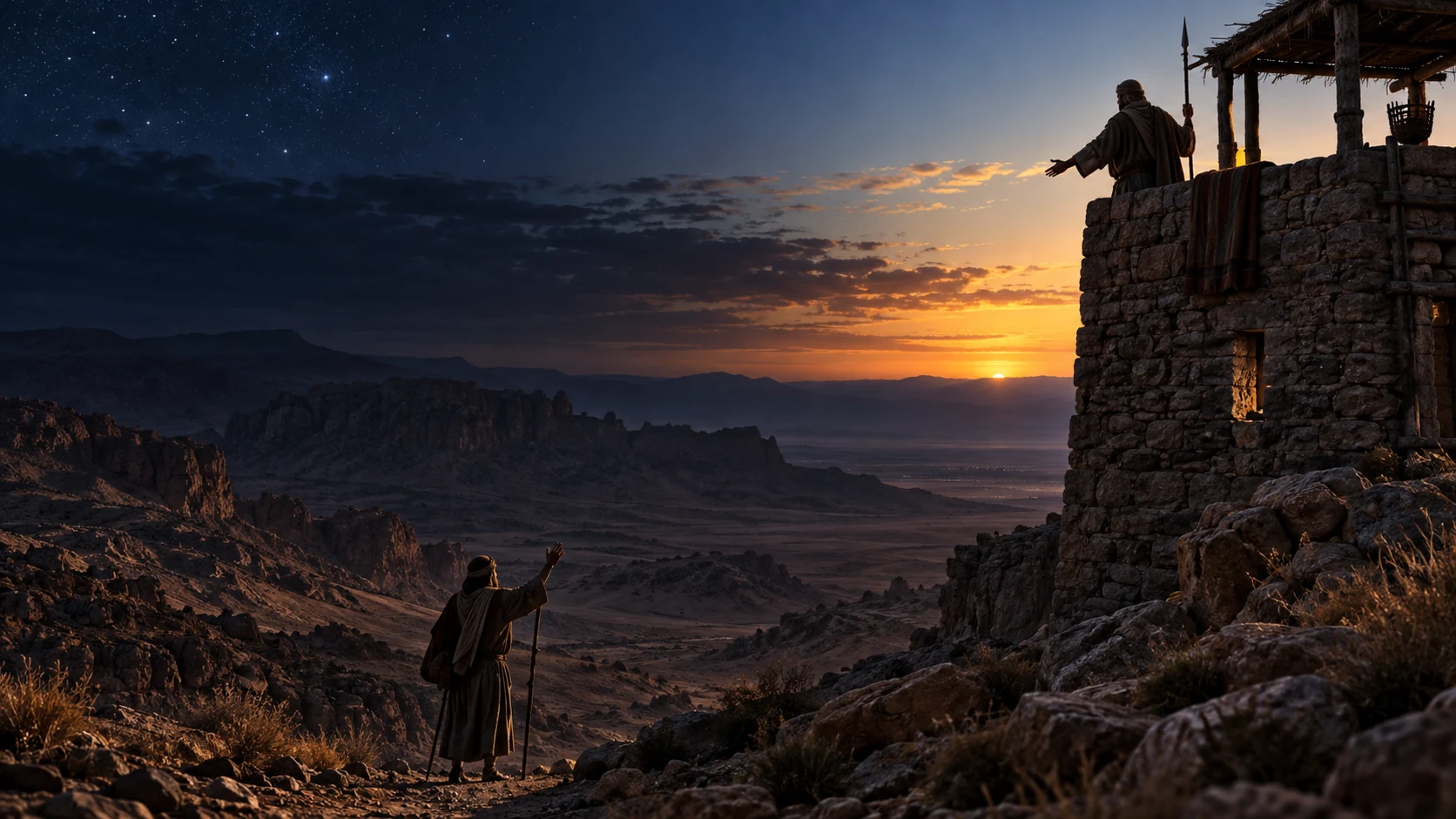 A traveler questions a desert watchman as dawn rises while night still covers the west.