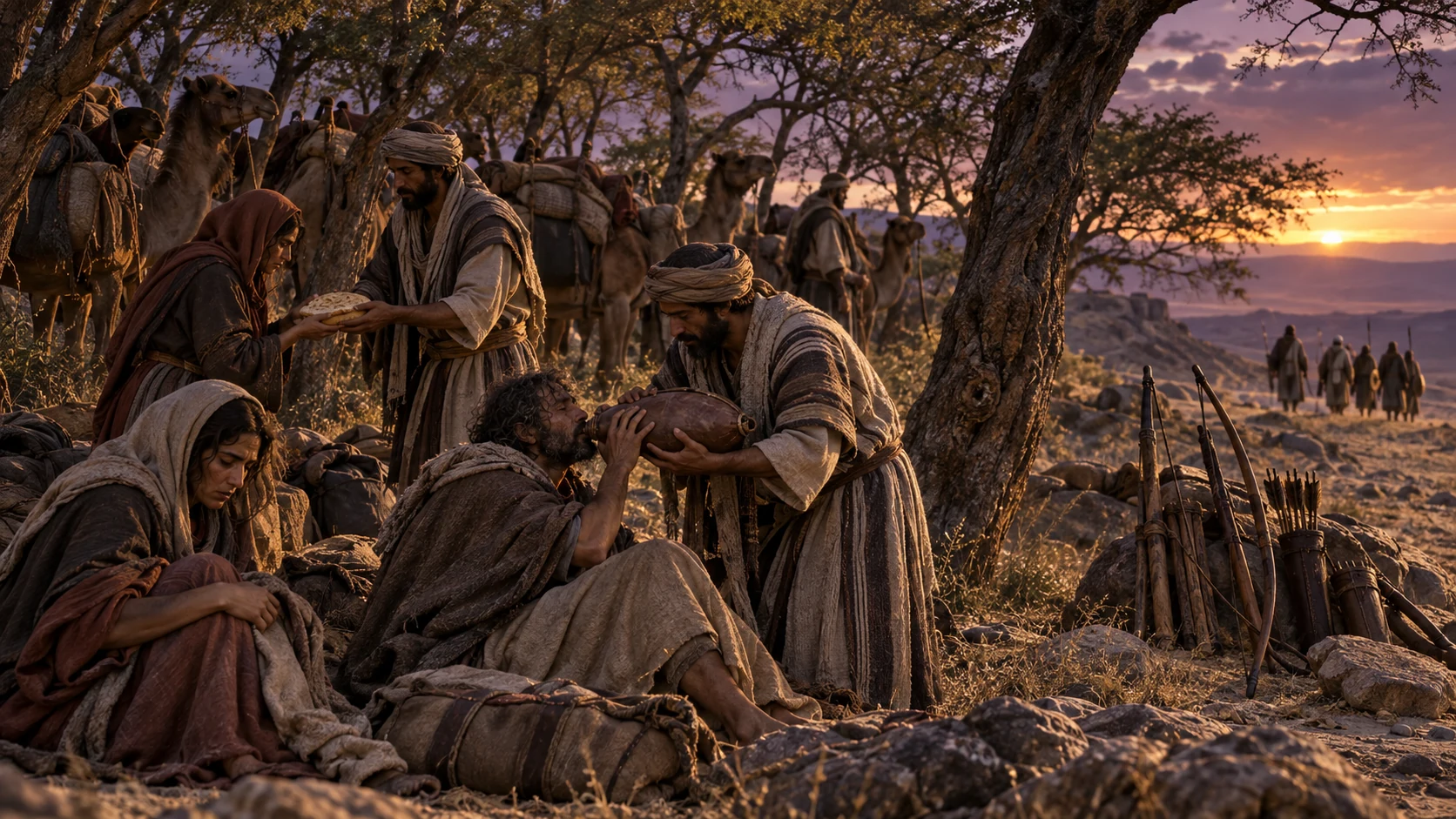 Tema’s residents give bread and water to fugitives beside a hidden Dedanite caravan and dwindling Kedar warriors.