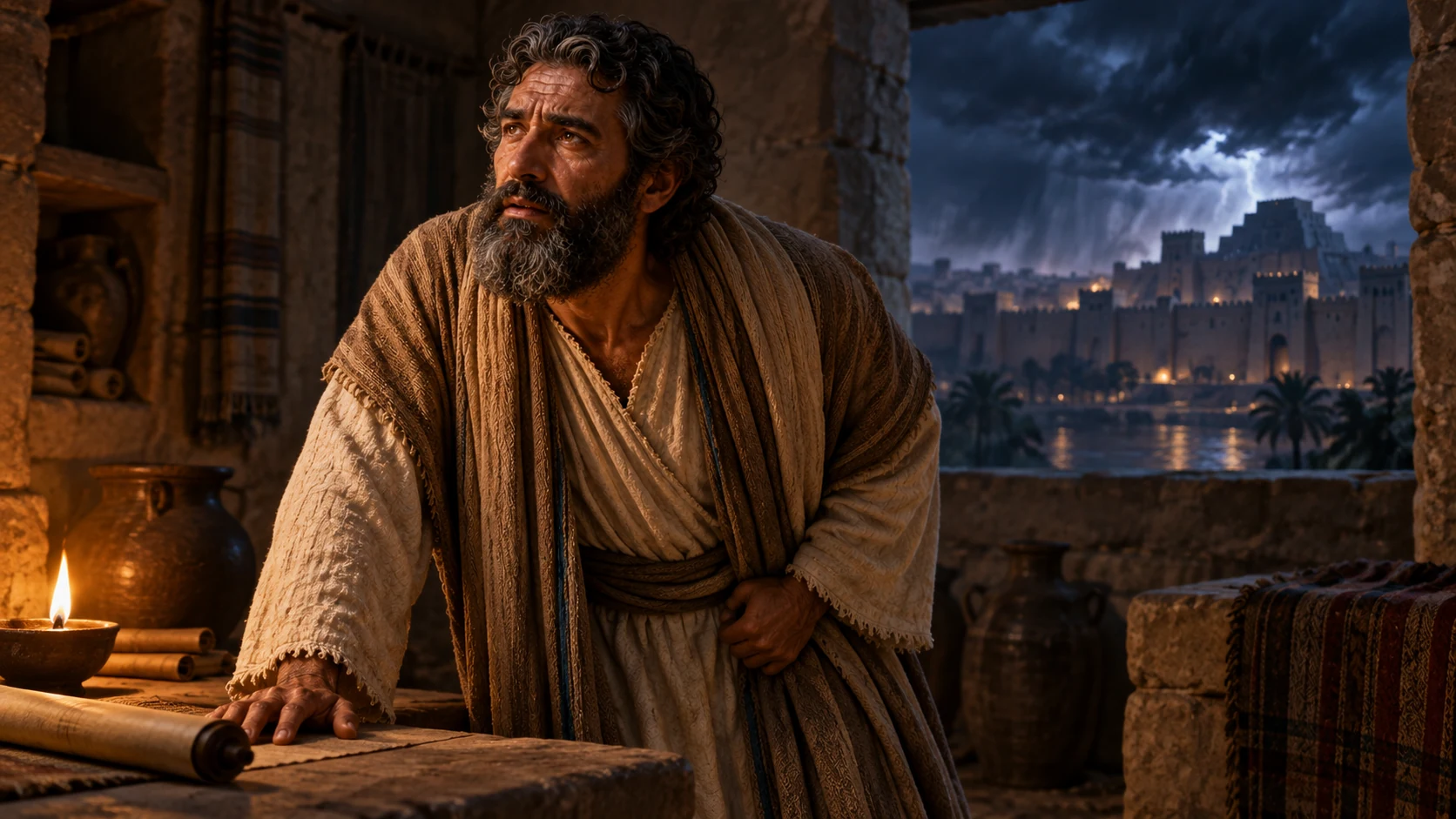 Isaiah braces himself in anguish as Babylon appears beneath storm beyond his chamber.