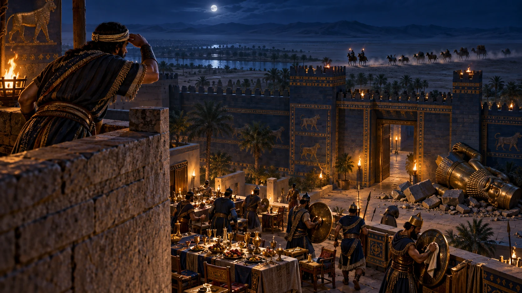 A watchman sees riders approach above an abandoned banquet, readied shields, and a fallen idol.