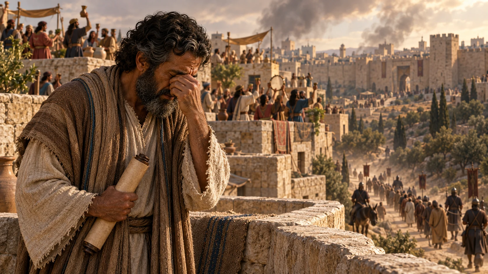 Isaiah grieves on a rooftop while Jerusalem celebrates and leaders flee through the valley.