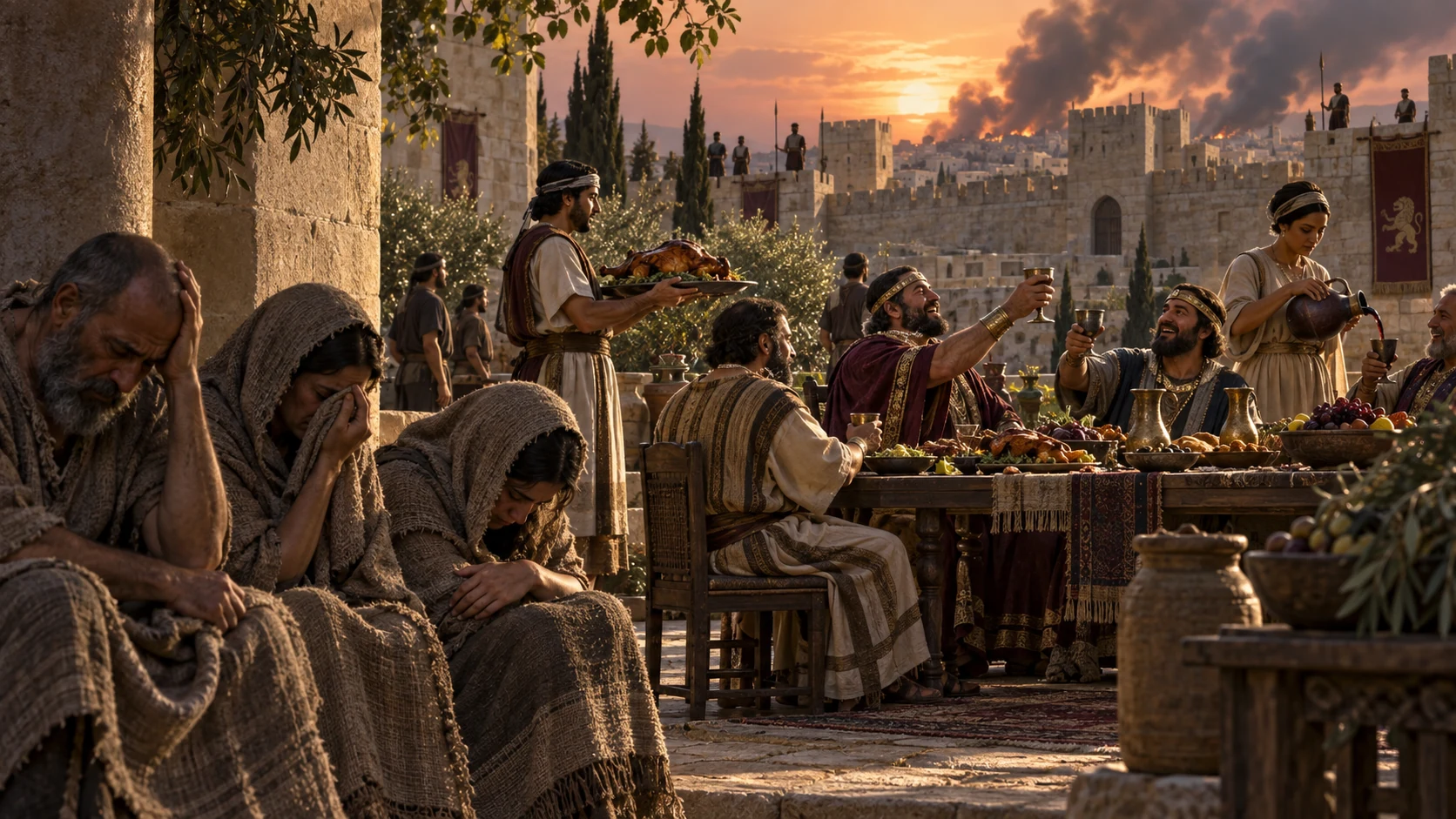 Wealthy residents feast and drink beside a small group answering the call to mourn.