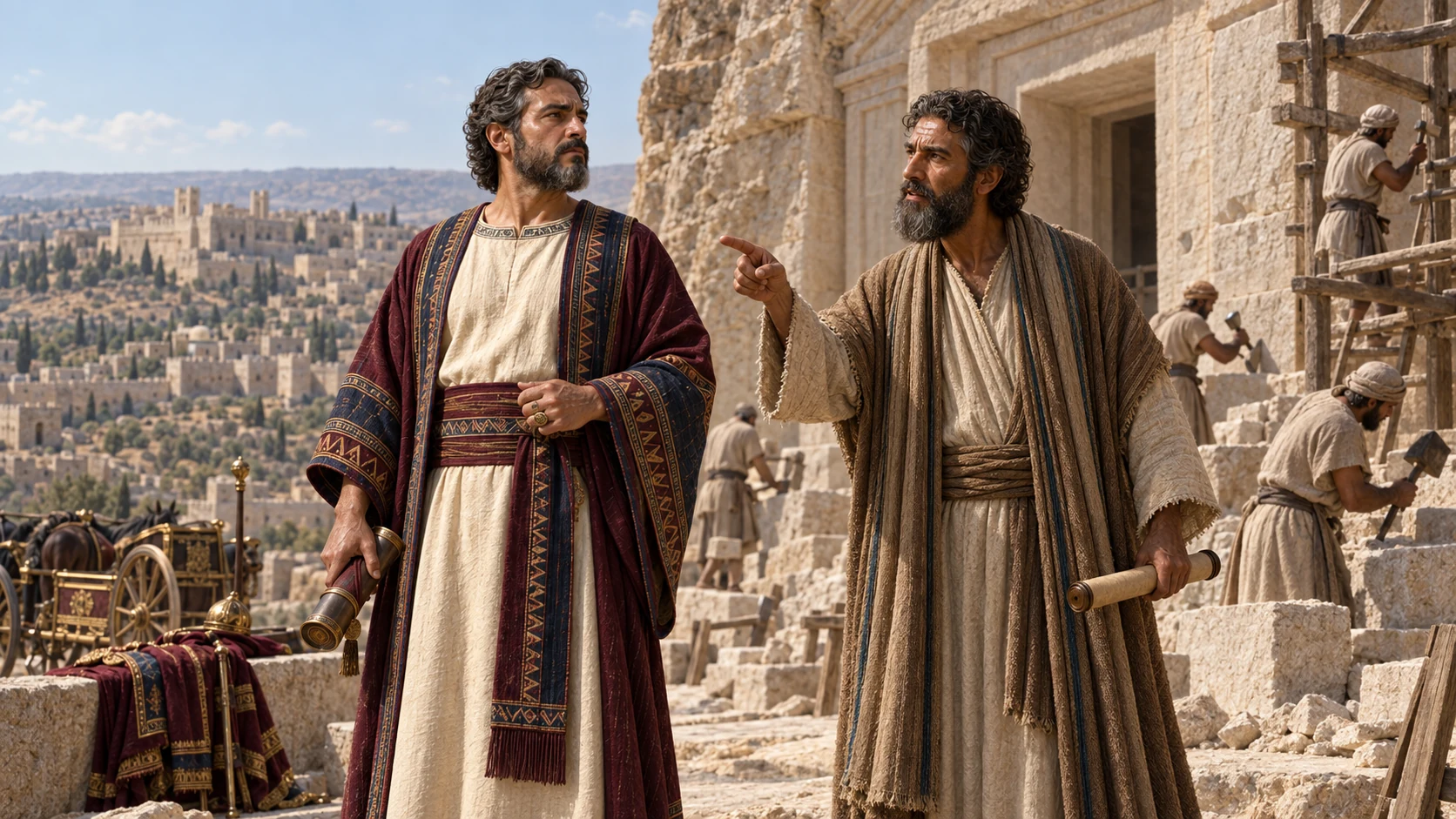 Isaiah confronts Shebna beside his ornate unfinished rock-cut tomb high above Jerusalem.