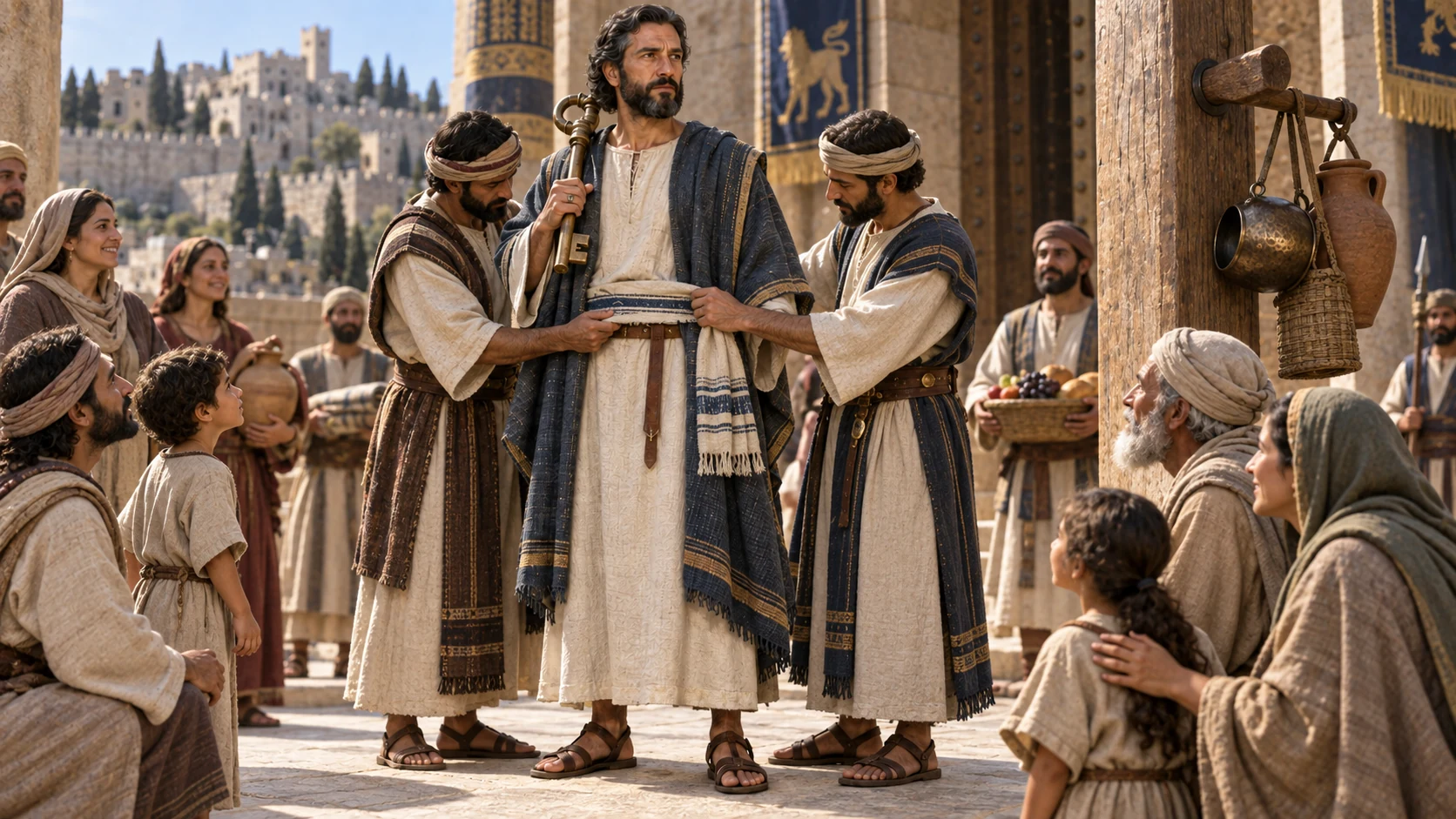 Eliakim receives the official sash and palace key as families gather around a firmly driven peg.
