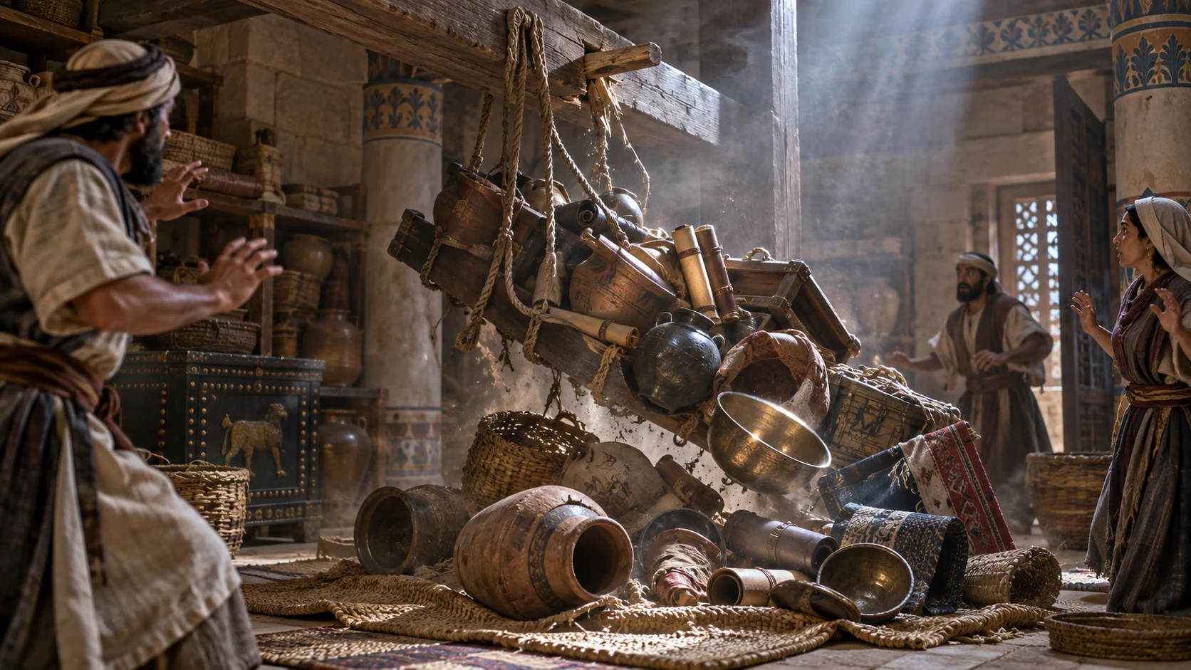A palace timber peg breaks beneath accumulated vessels and household burdens while servants step safely back.