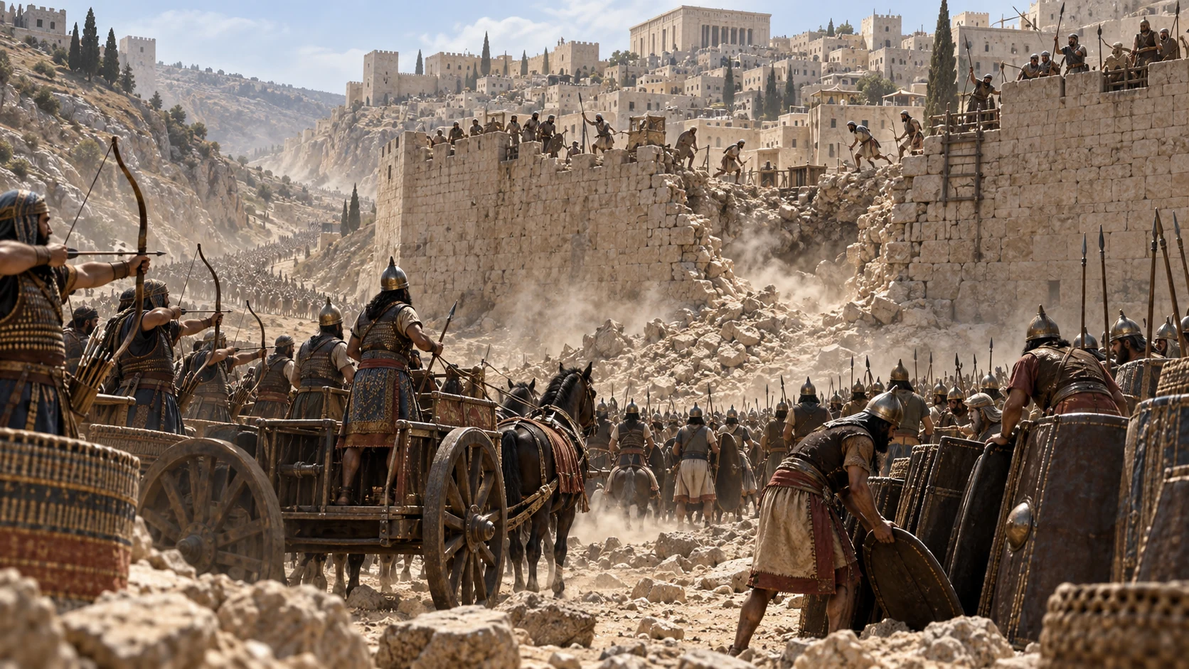 Archers, chariots, uncovered shields, and a broken wall expose Jerusalem’s vulnerability.