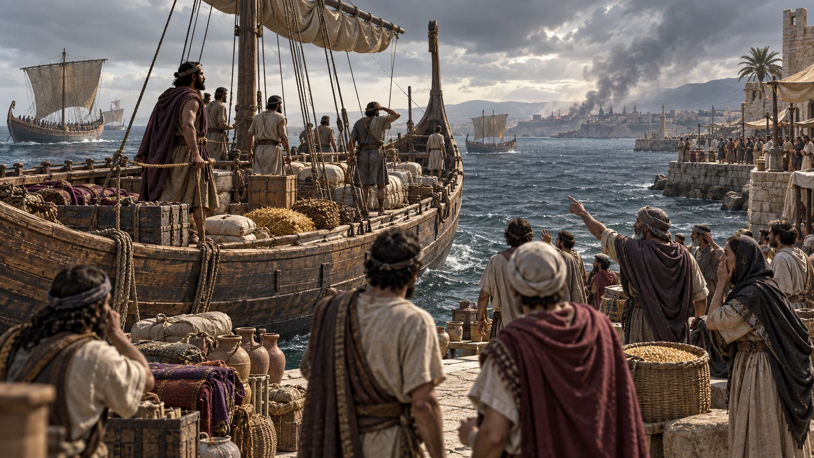 Tarshish sailors and Cypriot merchants learn that Tyre’s harbor has been devastated.