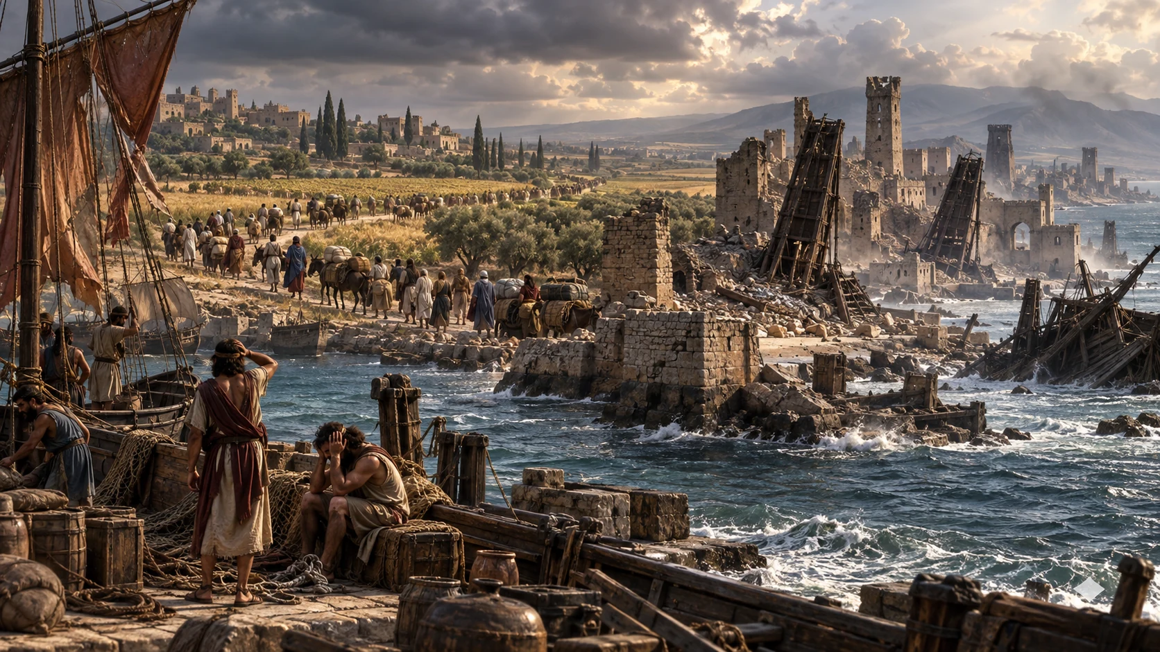 Tarshish settlers spread inland while sailors lament beside devastated ports and abandoned siege towers.