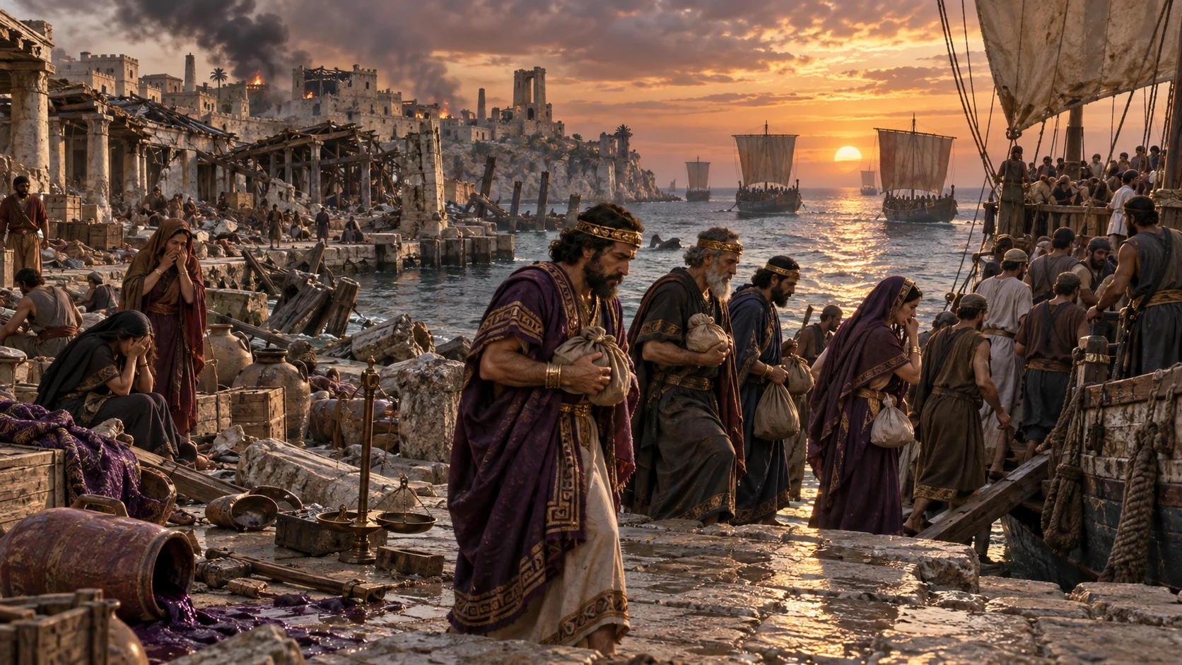 Tyre’s wealthy traders leave a damaged harbor while citizens mourn among ruined warehouses.