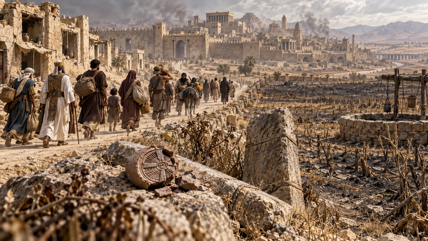 People of every social rank leave a scorched land together past broken covenant symbols.