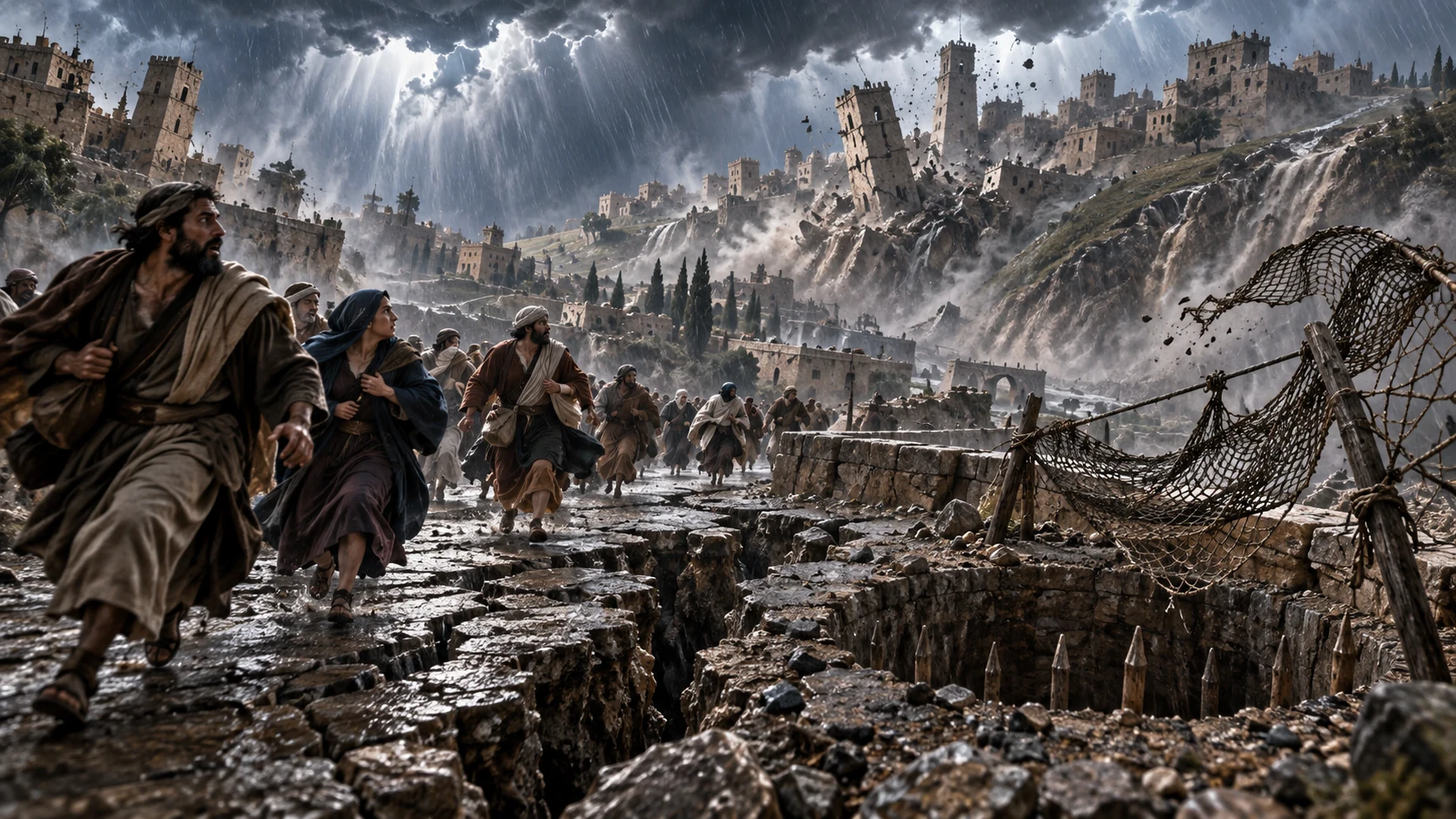 Adults flee safely across a fissured road as storm, exposed pit, loose snare, and swaying city embody upheaval.
