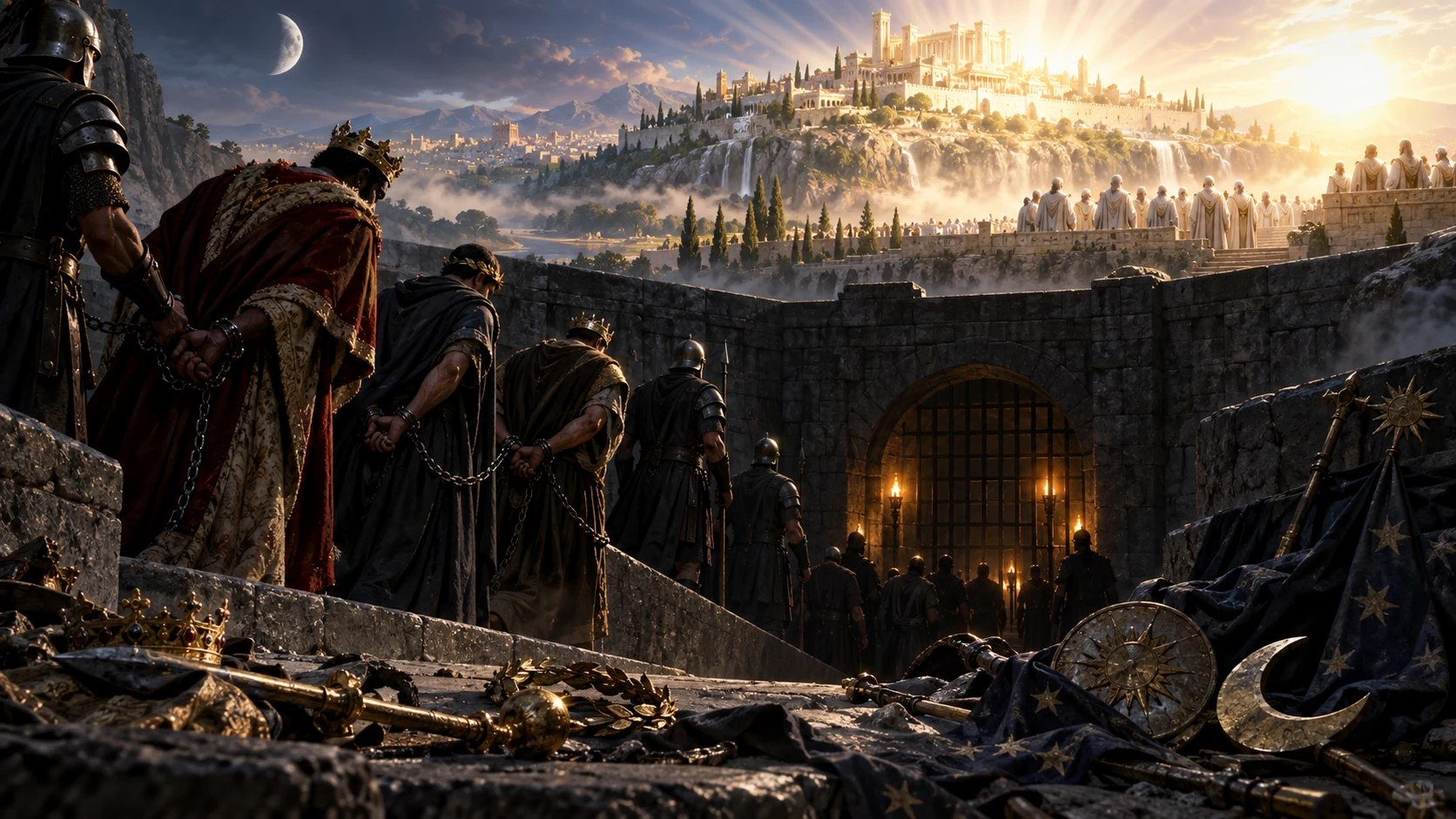 Proud kings enter a stone prison below luminous Zion, gathered elders, and a dimmed moon.