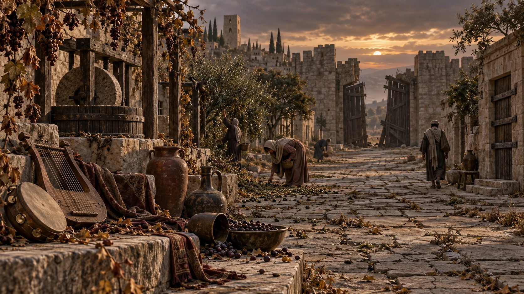 Withered vines, abandoned instruments, bitter wine, barred doors, and sparse gleaners fill a broken city.