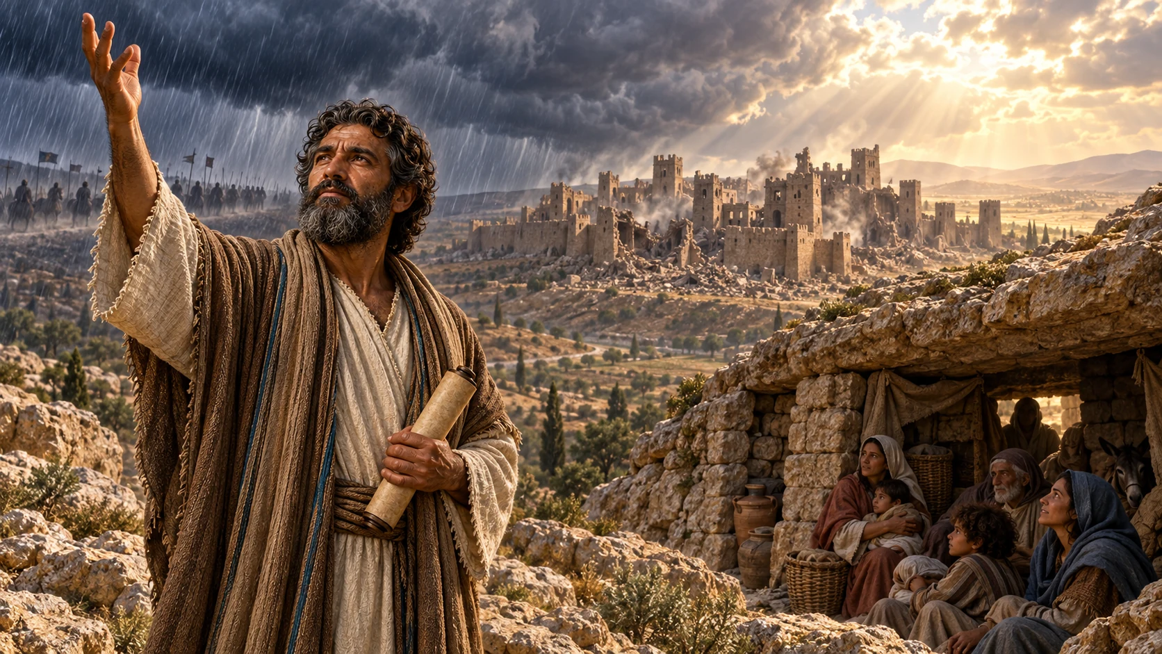Isaiah praises above a ruined city while vulnerable families shelter from storm and heat.