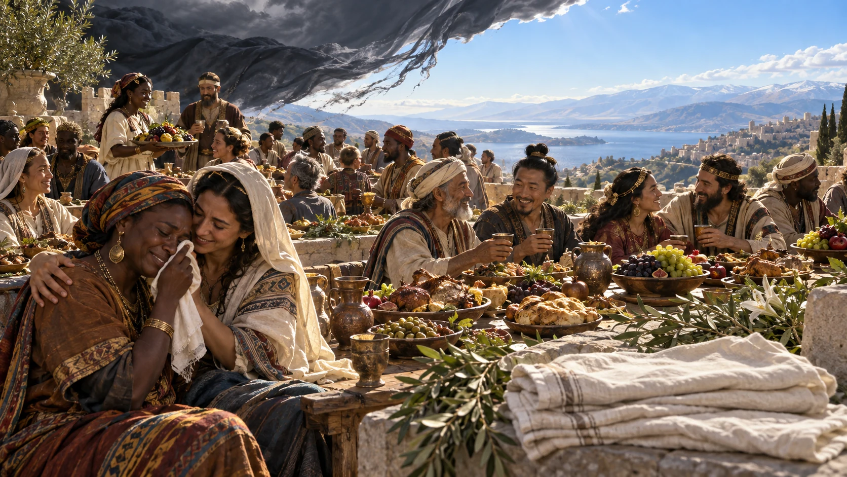 Many nations share rich food and aged wine as a mourning veil lifts and tears are wiped away.