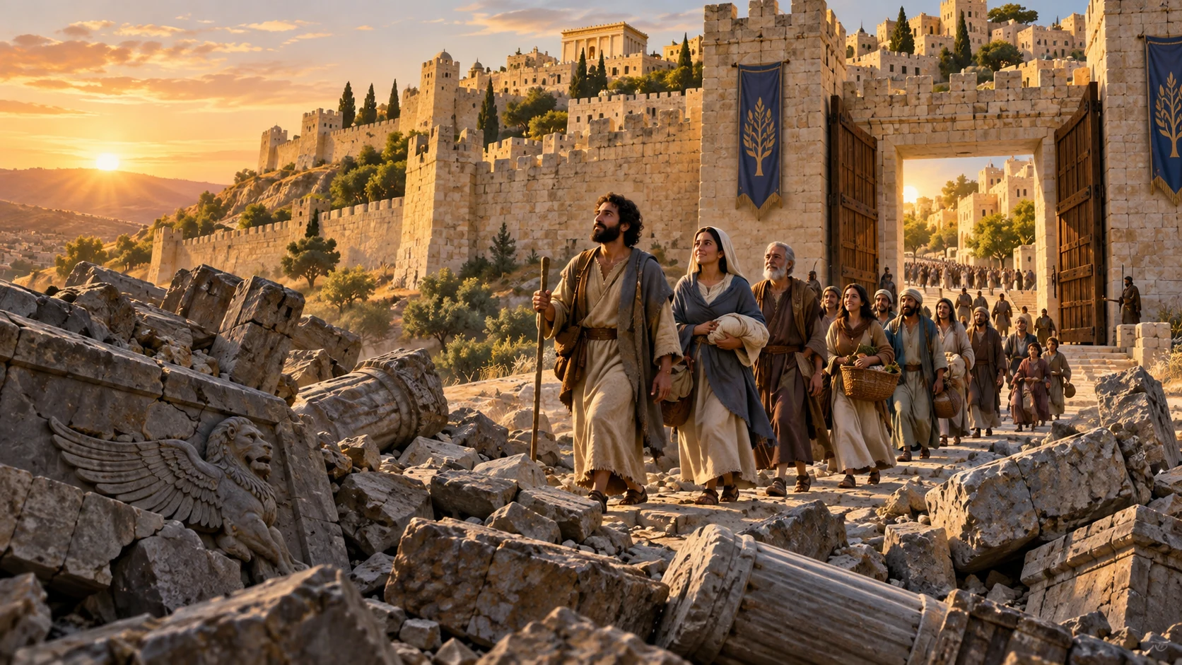 A faithful community enters salvation’s strong city while the poor cross a fallen tyrant fortress.