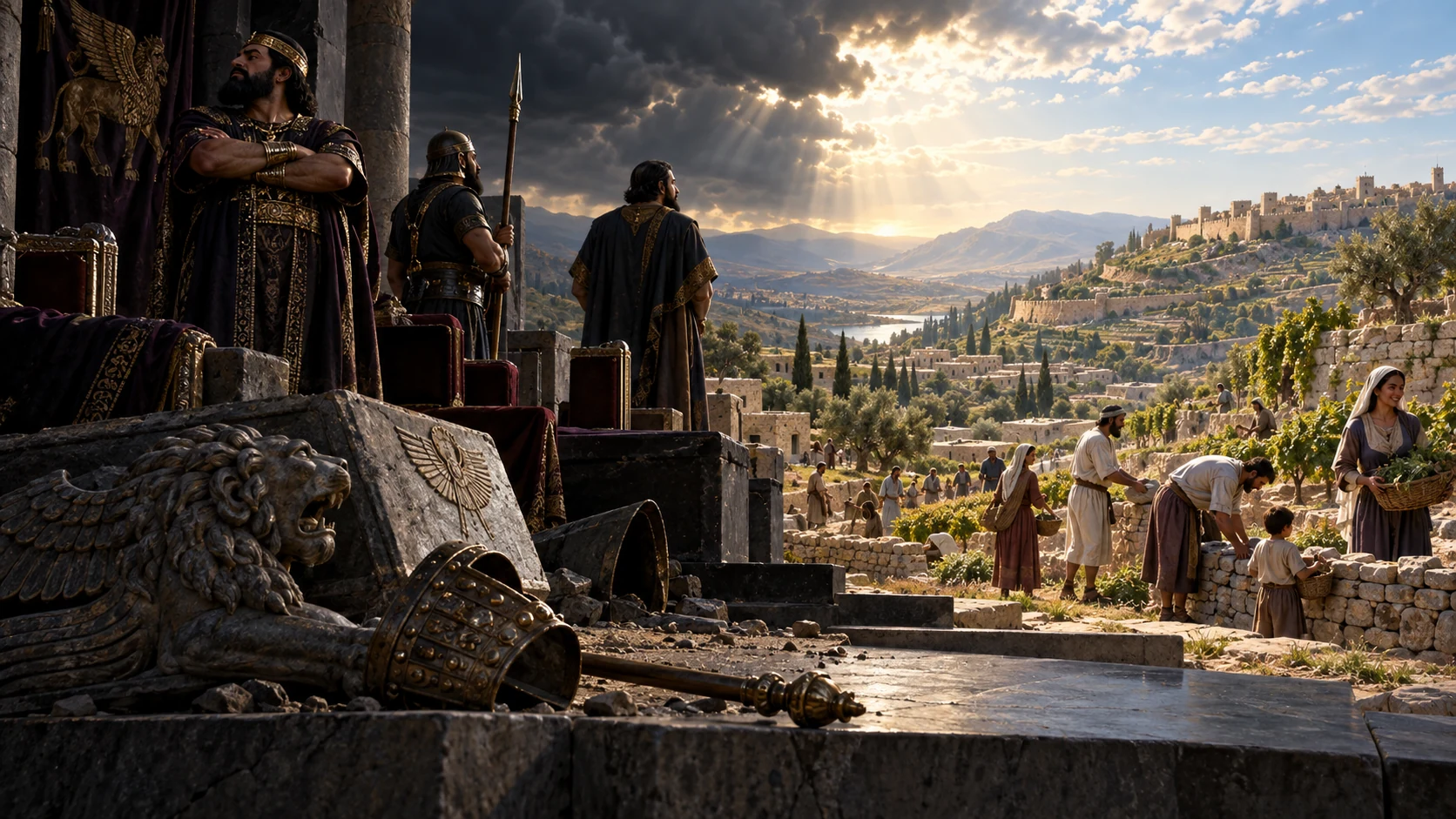 Empty emblems of oppression fade as protected families rebuild across Judah’s enlarged borders.