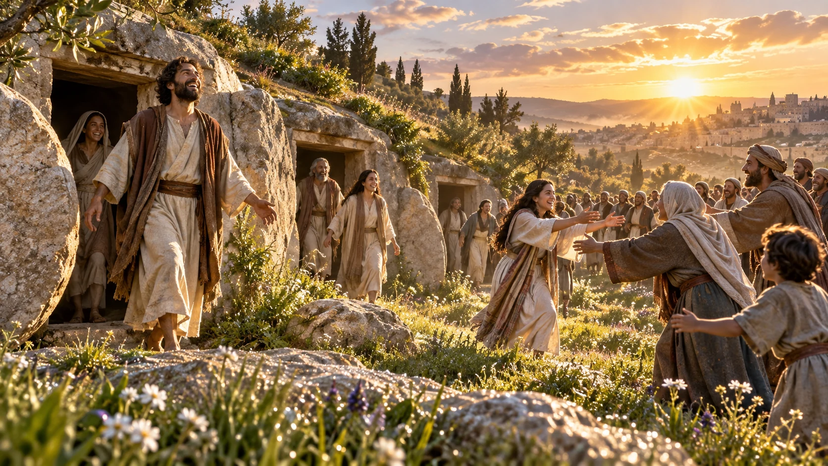 Living restored adults emerge from ancient tombs at dew-bright dawn into joyful family welcome.
