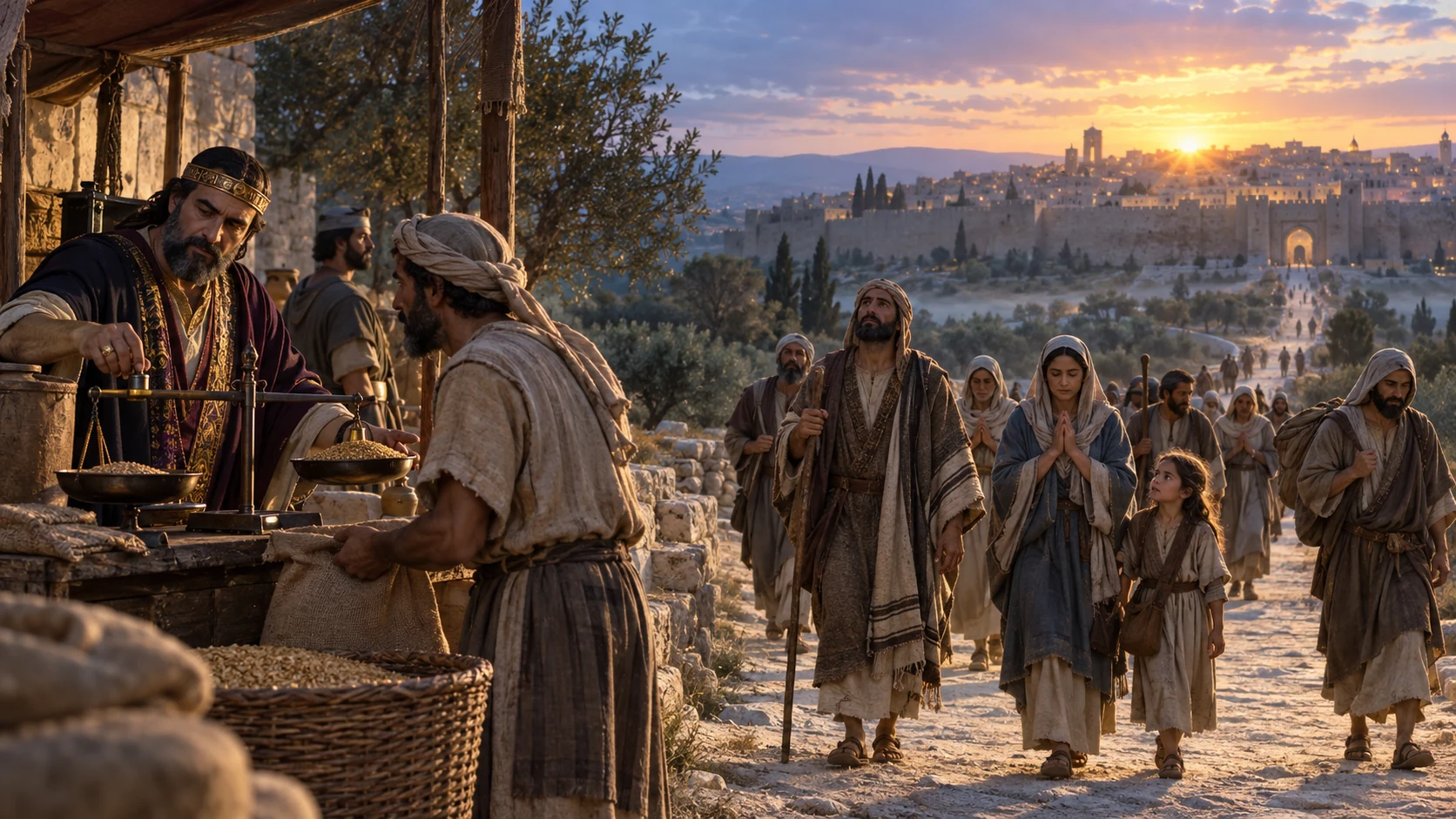 Prayerful travelers follow a level dawn road while a favored official still cheats a laborer.