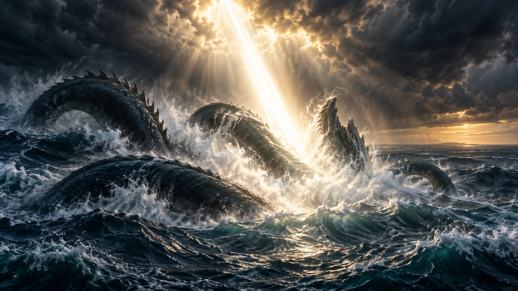 A fierce shaft of judgment drives the twisting sea dragon beneath storm-dark waves.