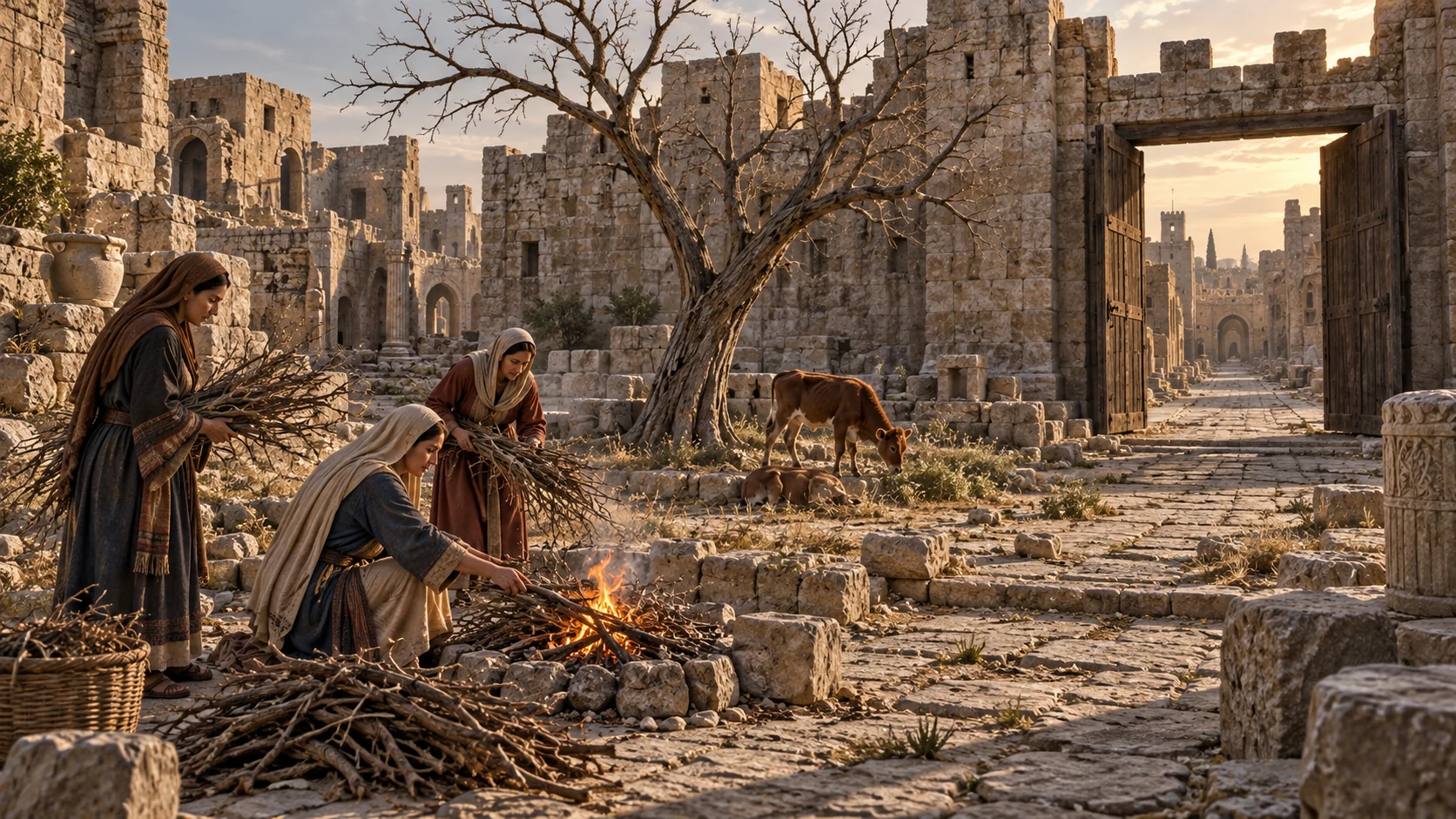 A calf grazes beneath a stripped tree while women gather dry branches in an abandoned city.