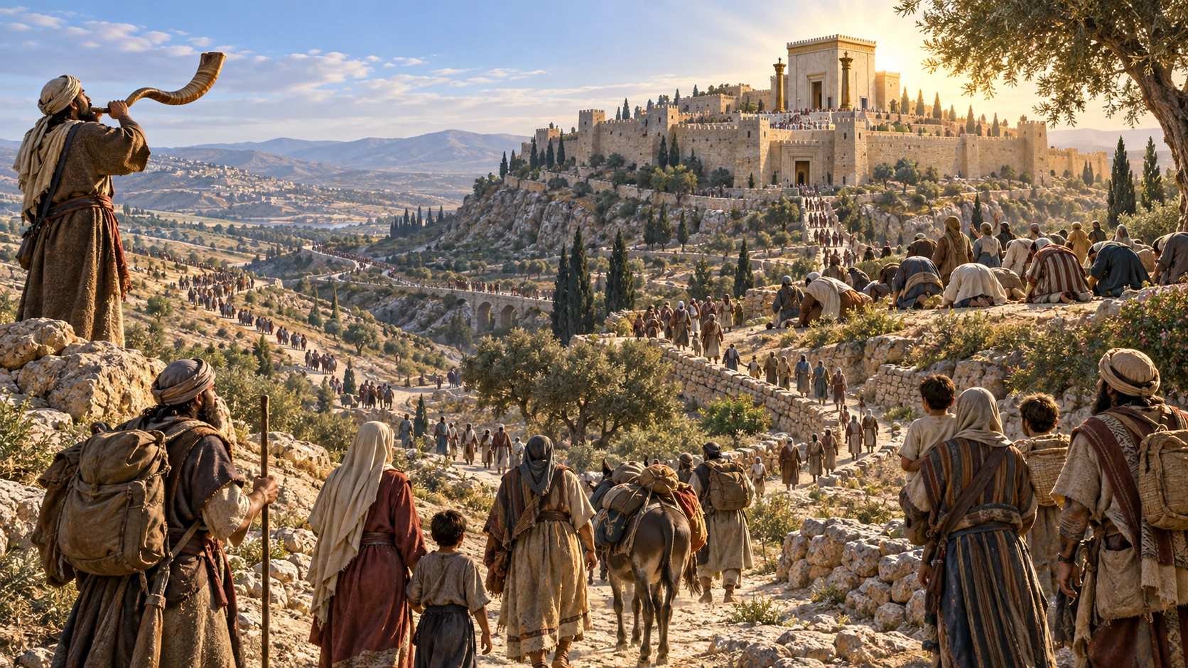 Returning exiles follow converging roads toward Zion as a great shofar summons worship.