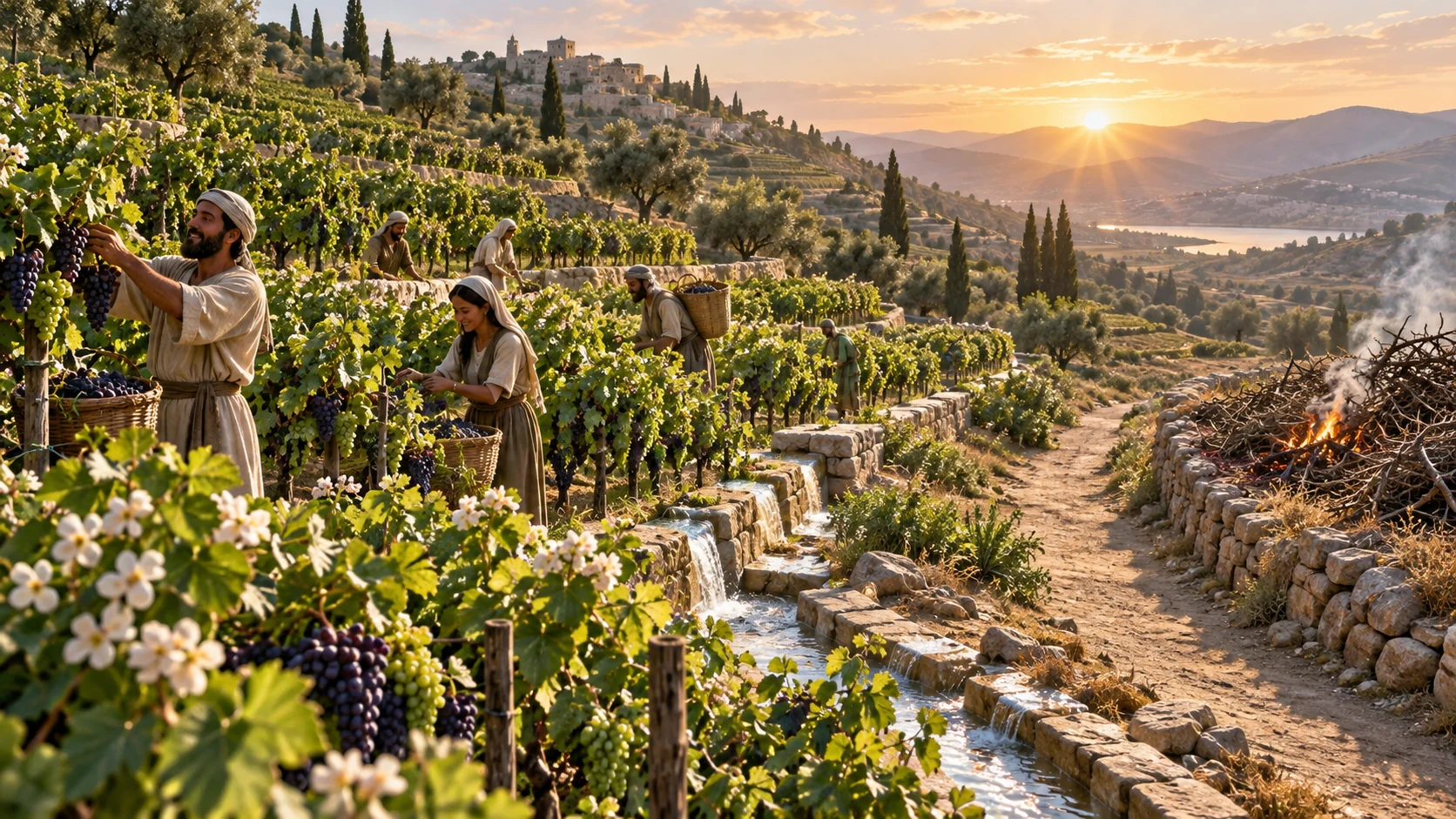 A protected vineyard takes root, blossoms, and bears fruit beside continually flowing water.
