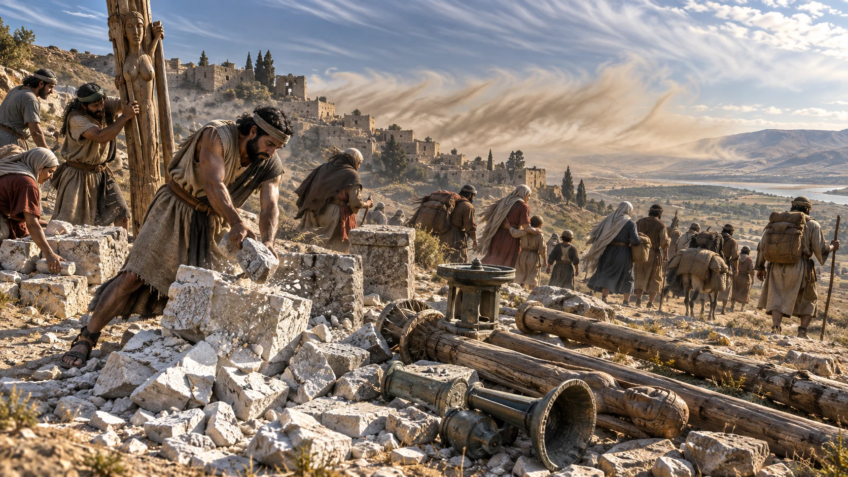 A chastened community crushes illicit altars and leaves toppled cult objects beneath an east wind.