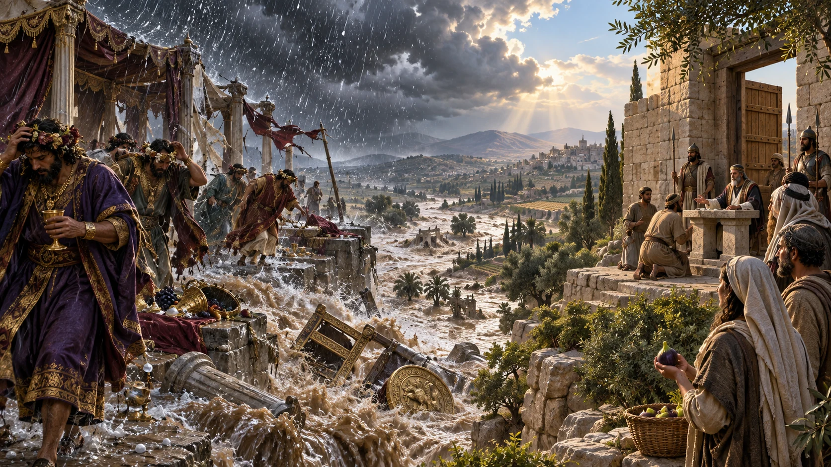 Ephraim’s wilting feast collapses while a sober remnant receives justice and strength at the gate.