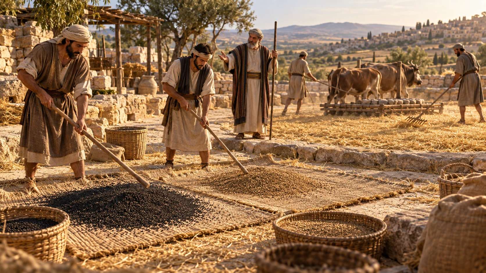 Workers gently process delicate spices while heavier grain receives its own restrained threshing method.