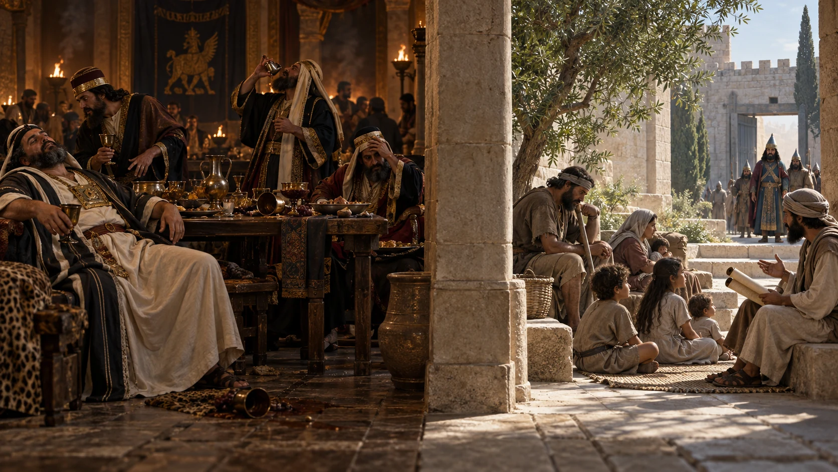Disordered priests dismiss patient instruction while weary families rest beyond their polluted banquet hall.