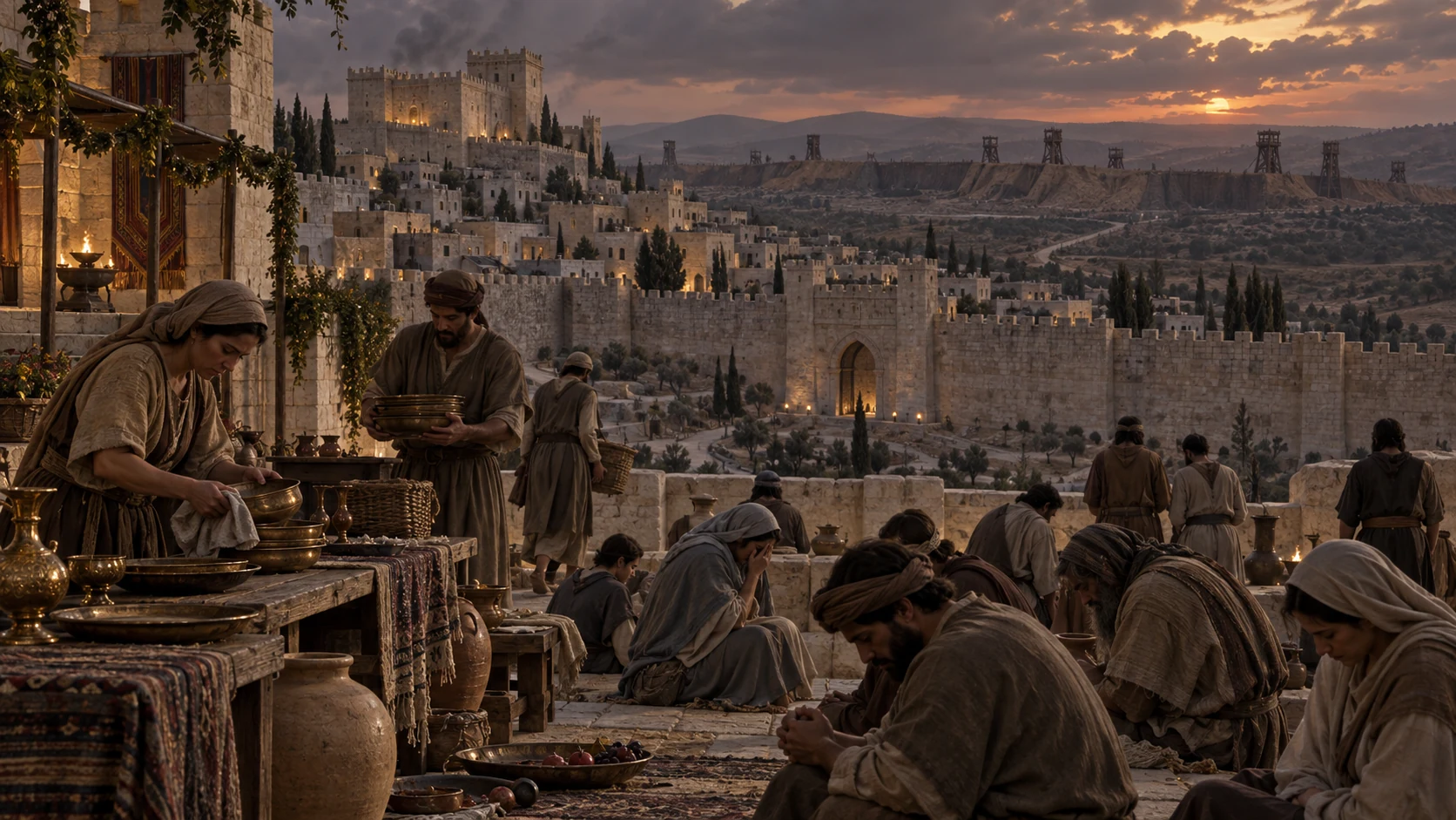 Jerusalem clears its yearly feast while silent earthworks surround a city brought low in dust.