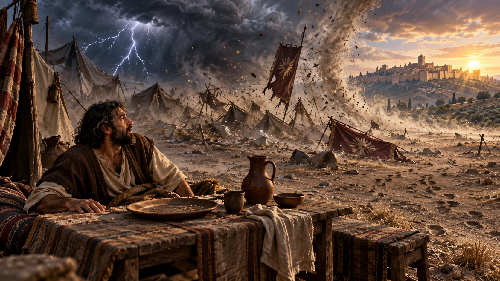 Abandoned hostile banners become stormblown chaff as a hungry dreamer wakes before an empty table.
