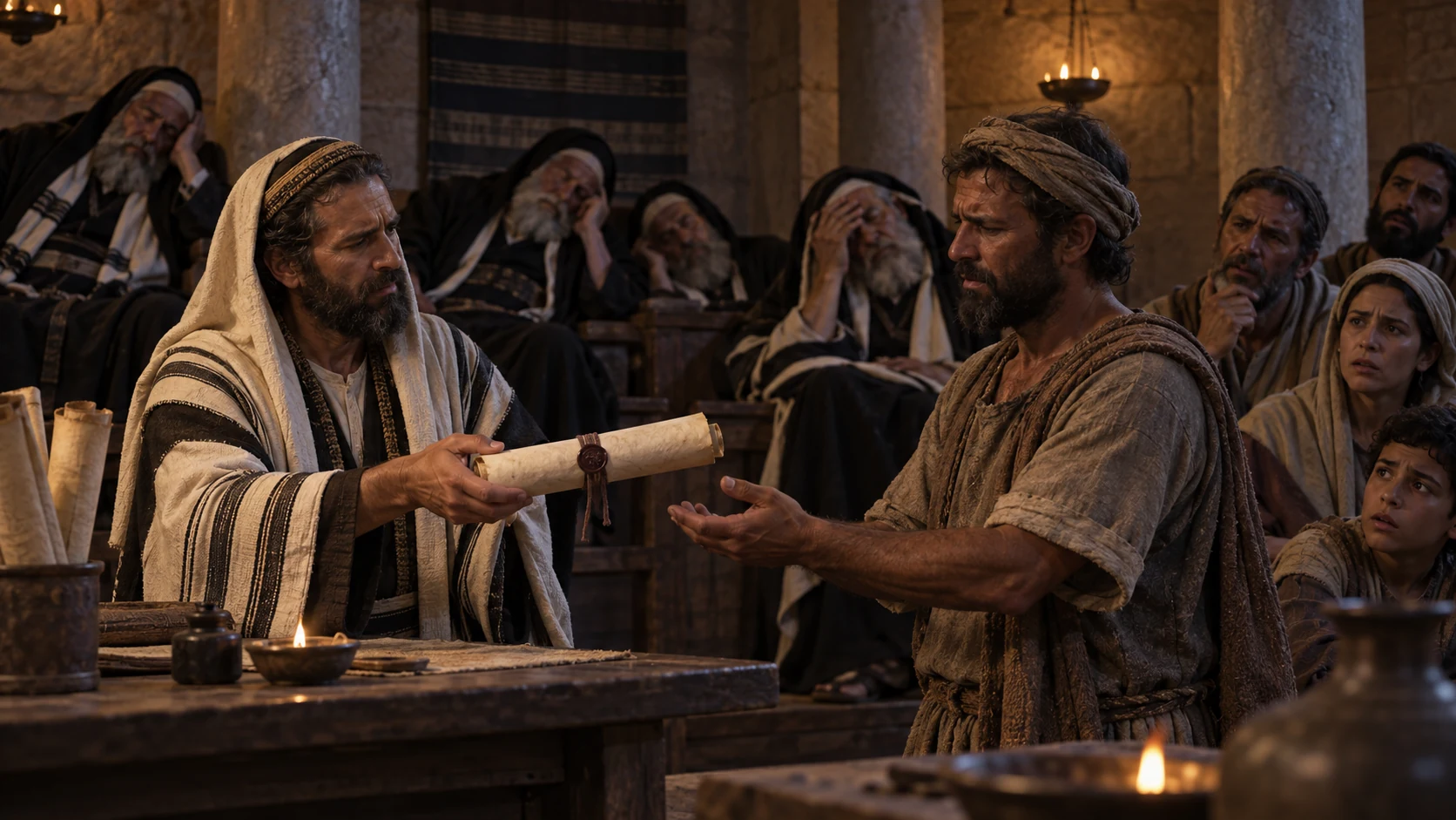 Sleeping seers watch a sealed scroll pass between two dignified men who cannot receive its words.