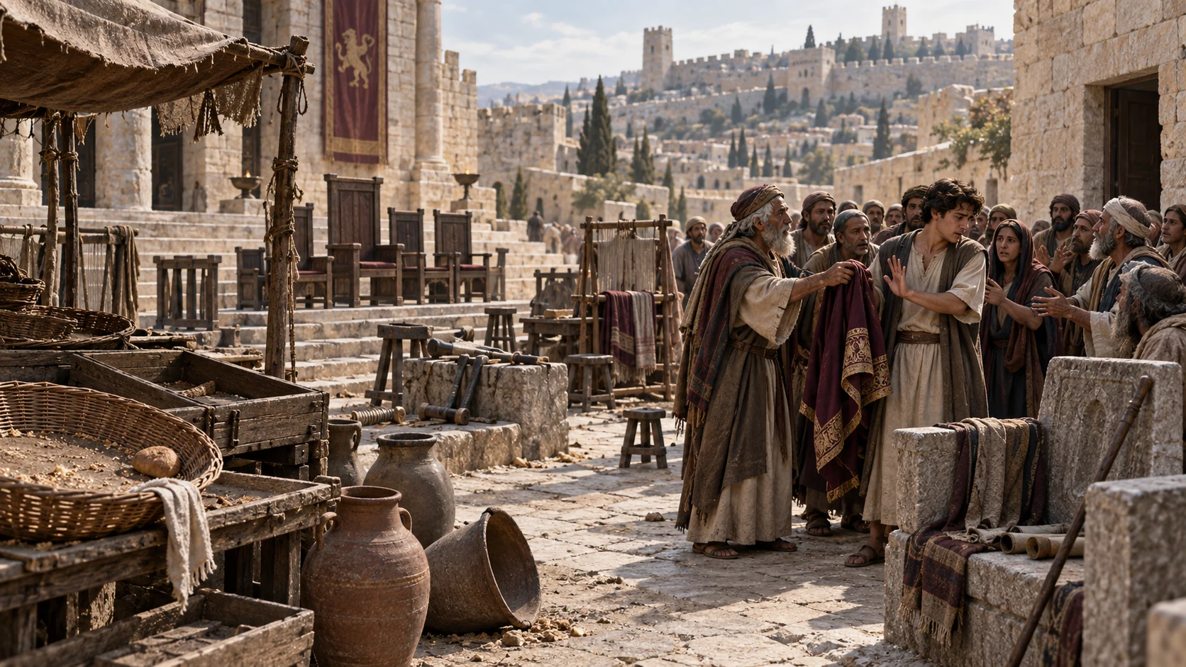 An anxious crowd urges an unprepared young man to rule amid empty markets and abandoned offices.