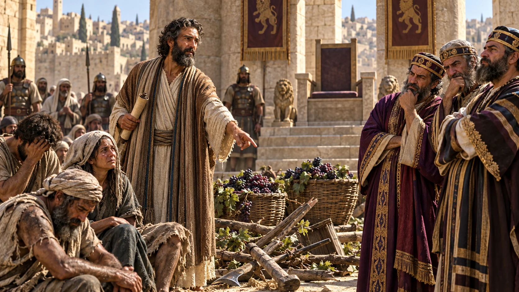Isaiah confronts elders and princes beside seized grapes and exhausted vineyard laborers.