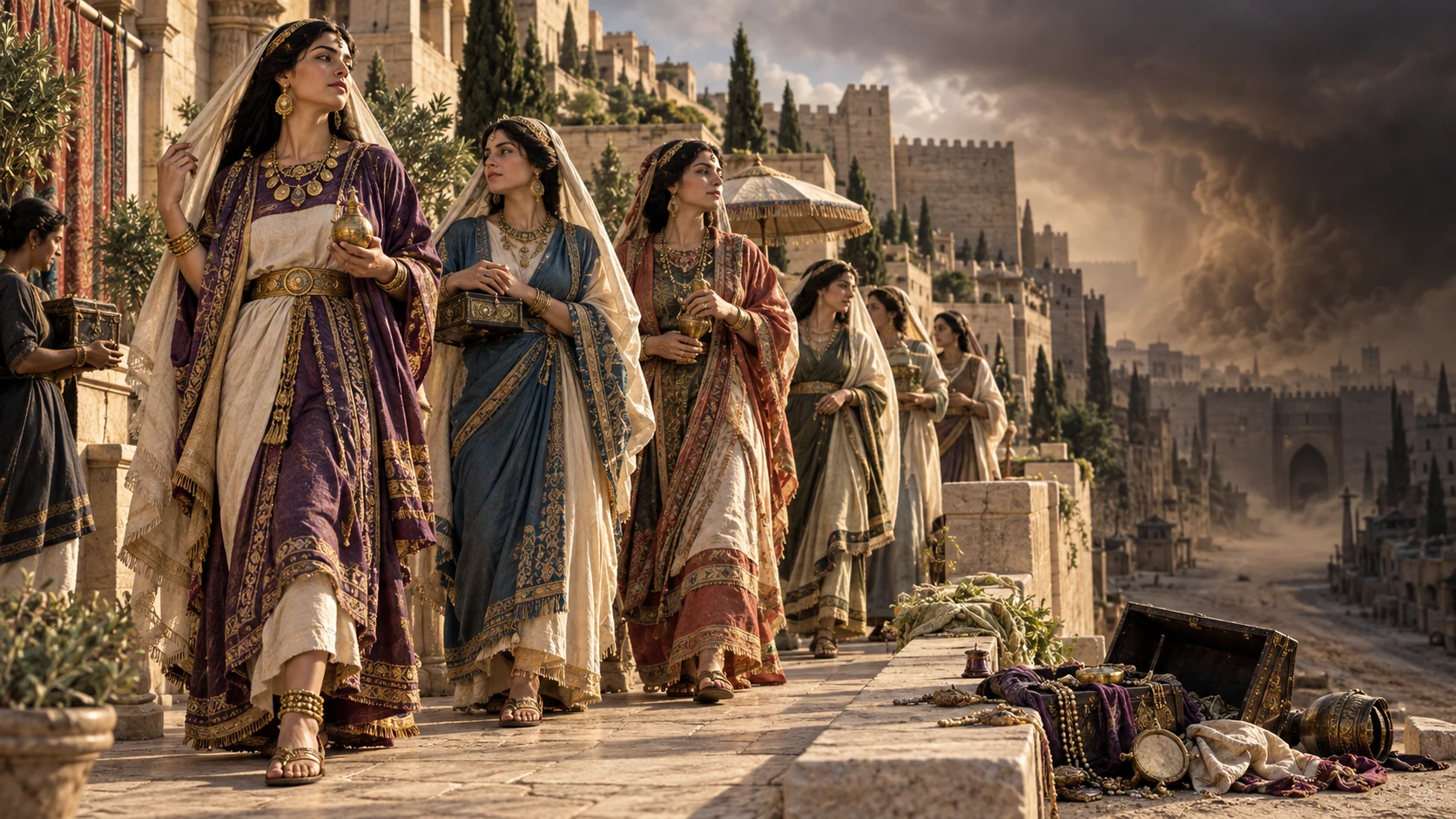 Jerusalem’s wealthy women walk in luxury as a dust storm and abandoned ornaments foreshadow loss.