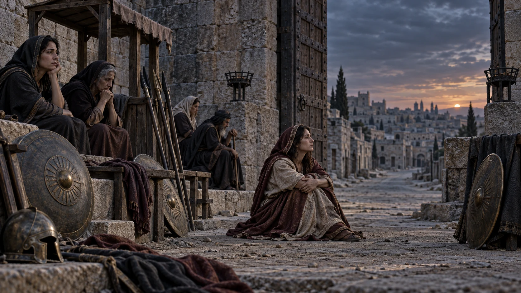 Adults sit in quiet lament beside unattended shields and an empty Jerusalem guard post.