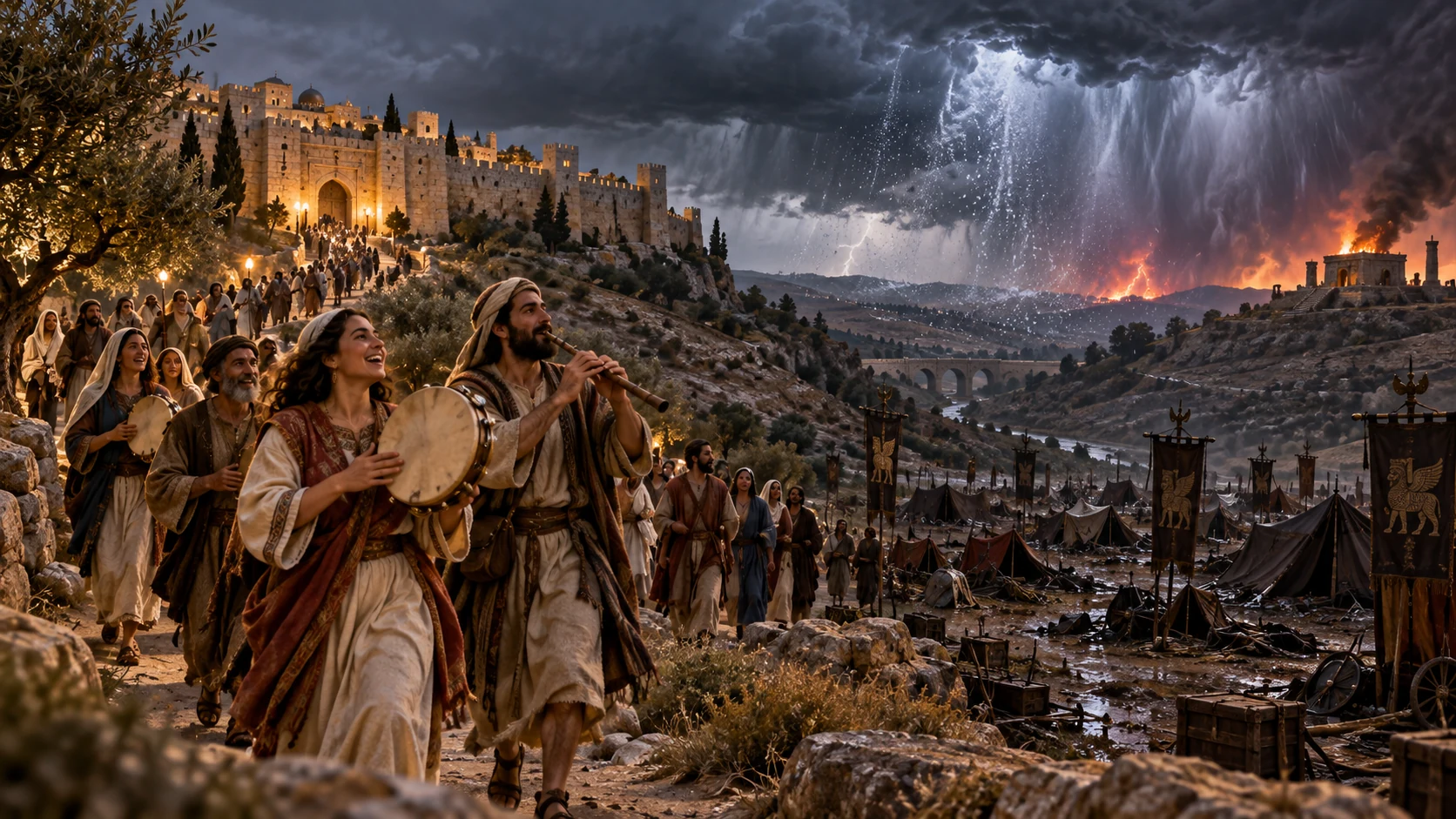 Pilgrims sing toward Zion while a distant storm signals judgment on Assyria’s power.