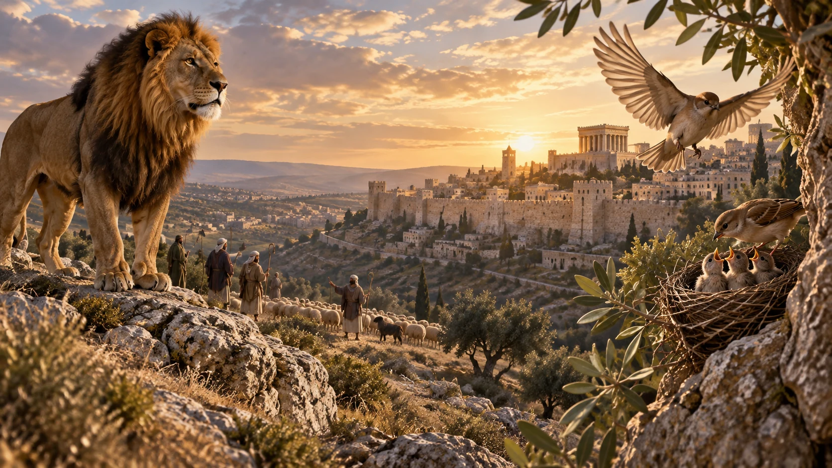 The lion does not yield, while hovering birds evoke the promised shelter over Jerusalem.