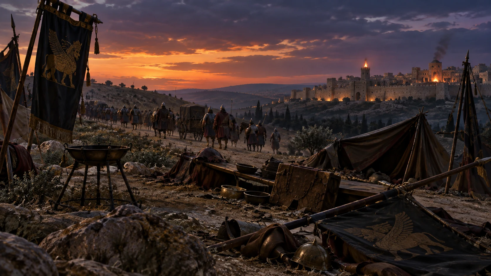 Assyrian forces abandon their camp while Zion’s fire remains visible beyond the hills.